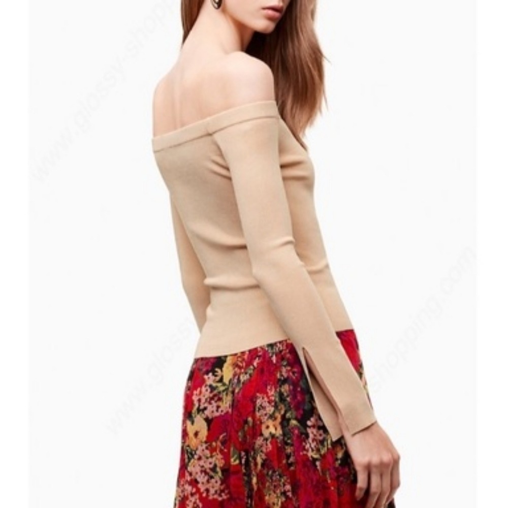 Little Moon Nigella Off Shoulder Sweater Tan Slit Sleeves‎ Medium
